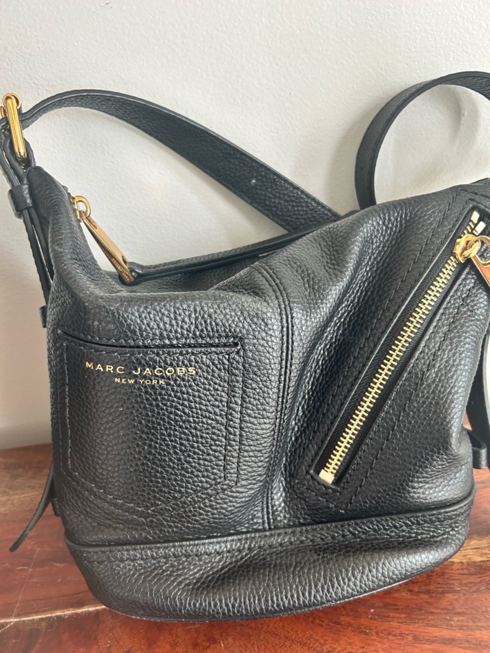 Marc Jacobs Black Pebbled Leather Shoulder Bag with Gold Accents